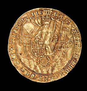 Rare pièce anglaise, or Ryal, reine Marie (Marie la Sanglante) sur un navire avec épée et bouclier