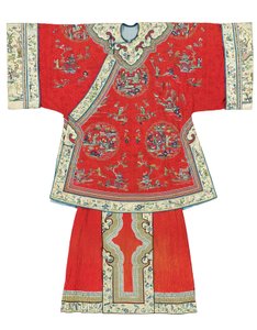 Robe informelle et jupe tablier pour dame à fond rouge, 19ème-20ème siècle - Unbekannt