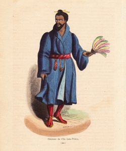 Résident des îles Ryu Kyu (Okinawa, Japon) - Homme des îles Lou-Tchou (îles RyukYu ou Okinawa moderne) - Gravure sur bois coloriée à la main par Mercier de Habits, Usages et Costumes de tous les Peuples du Monde, Asie, par Auguste Wahlen, pseudonyme de Jea - Unbekannter Künstler