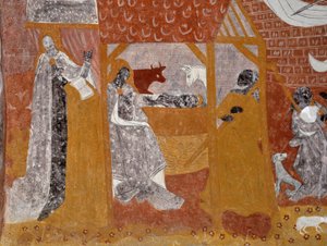 Art roman : Fresques de la chapelle funéraire Sainte-Catherine de Jouhet, Vienne, Poitou-Charentes, France. Nativité. Photographie - Unbekannter Künstler