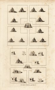 Campement royal, époque du roi Henri VIII, montrant les quartiers royaux, le marché, les huttes des commerçants, des bouchers, etc.