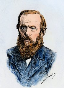 Romancier russe Fiodor Dostoïevski (1821-1881). Gravure sur bois colorée à la main d