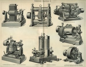 Tableau de science et technologie représentant des machines électriques allemandes. Illustration tirée de « Meyers Grosses Konversations - Lexikon » 1904. Bibliographisches Institut, Leipzig und Wien