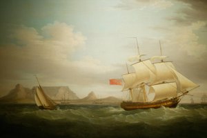 Navire devant Le Cap en Afrique du Sud. Peinture. Musée national de la culture, Pretoria, Afrique du Sud