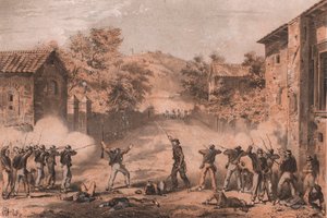 Volontaires siciliens attaquant les avant-postes sur le côté gauche des Napolitains à Milazzo, Sicile - William M. Timlin