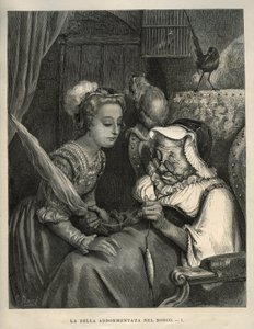 La Belle au bois dormant : la princesse découvre une vieille femme filant de la laine. Gravure de Gustave Doré (1832-1883) tirée de « Les contes » de Charles Perrault (1628-1703) - Unbekannt