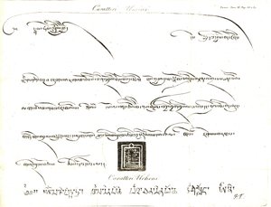 Spécimens des caractères Uminn et Uchen dans la langue du Tibet. Illustration du lieutenant Samuel Davis du Compte rendu d