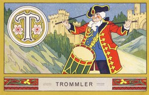 T : Trommler - Alphabet Palmin. Série de chromolithographies éditées par H. Schlinck & Cie, Hambourg, s. d. Publicité pour Palmin feinstes Cocosfett. Dimensions : 7 x 11 cm - William M. Timlin