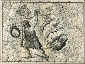 Le Bouvier, la Couronne boréale, les chiens de chasse, la chevelure de Bérénice. Gravure tirée de « Les étoiles et les autres curiosités du ciel » de Camille Flammarion