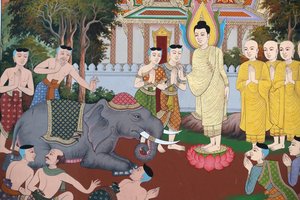 La Vie du Bouddha, Un éléphant sauvage apprivoisé par la gentillesse, Fresque murale, Monastère Wat Maniratanaram, Phnom Penh, 2022 - Unbekannter Künstler