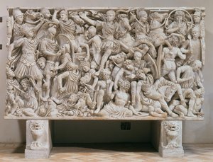 Le sarcophage Ludovisi avec une représentation en haut relief des Romains combattant les Barbares, 250-80 après J.-C. - Unbekannt