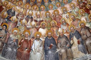 Le Baptistere de Padoue. Fresques du plafond du 14ème siècle par Giusto de Menabuoi. Le Paradis. Christ bénissant avec patriarches, prophètes et saints. Détail. Padoue, Italie.