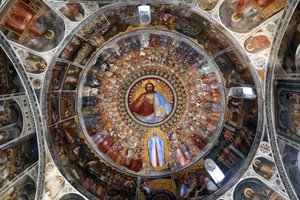 Le Baptistere de Padoue. Fresques du plafond du 14ème siècle par Giusto de Menabuoi. Le Paradis. Christ bénissant avec anges, patriarches, prophètes et saints. Padoue, Italie. - Unbekannt