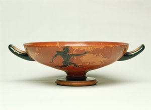 La Poursuite de Persée, kylix à figures noires attiques réalisé par le maître Pepaks, 525-520 av. J.-C. (poterie)