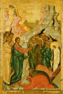 La Résurrection de Lazare, icône russe, école de Novgorod