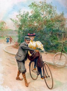 La leçon de bicyclette, début du 20e siècle (impression)