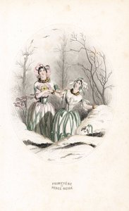 Les fées percent la neige et la primevère dans un paysage enneigé - Eau-forte par Charles Geoffroy (1819-1882), d