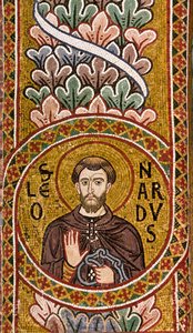 La nef, mosaïque sous une arche : "Saint Léonard", XIIe siècle, Chapelle Palatine, Palais des Normands, Palerme, Sicile, Italie - Unbekannter Künstler