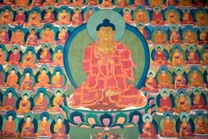 Bouddhisme tibétain; peinture murale; Bouddha en méditation; nombreux petits Bouddhas; Monastère de Chemre Gompa; Chemrey; région du Ladakh; Jammu-et-Cachemire; Inde; Asie du Sud; Asie - Unbekannt