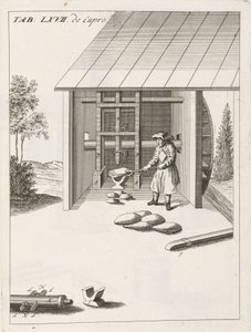 Traitement des matières premières : métallurgie, brisage des pains de cuivre avec un marteau mécanique, alimenté par une roue à eau - Unbekannt