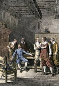 États-Unis, Massachusetts : Dispute entre John Winthrop (1588-1649) et Thomas Dudley (1576-1653) dans la colonie de la baie du Massachusetts. Gravure en couleur du XIXe siècle. - Unbekannter Künstler