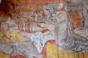 Église de Lugny. Peinture murale du 16ème siècle. Christ dans sa passion. Gethsémani, Jésus prie, tandis que les disciples se reposent. France - Unbekannt