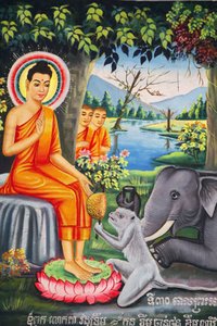 Peinture murale : Scène de la vie du Bouddha. Bouddha nourri par un singe pendant son jeûne - Unbekannt