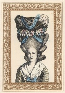 Femme avec bonnet Gabrielle Vergy, noué avec des rubans et des guirlandes de fleurs