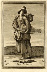 Femme jouant de la vieille (ou "Lira tedesca" ou "ghironda"). Dans "Gabinetto Armonico" par Filippo Bonanni, Rome