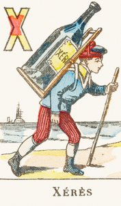 X : Xérès, un garçon porte sur son dos une grande bouteille de vin - Alphabet des jeux, vers 1890 (gravure) - Unbekannt