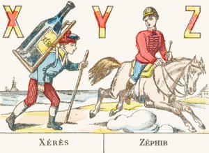 X Y Z : Xérès, Zéphir - un garçon porte sur son dos une grande bouteille de vin et un cavalier galope sur son cheval nommé Zéphyr - Alphabet des jeux, vers 1890 (gravure)