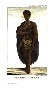 Jeune femme San allaitant un enfant, Afrique du Sud. Elle porte une cape, des colliers et une jupe perlée. De François Le Vaillant - Unbekannter Künstler