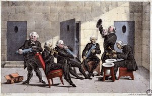 Amateurs jouant une courante, caricature française contre les médecins (tenant des seringues et des pots de chambre comme instruments de musique) et le purgatif au XVIIIe siècle, gravure par Elgelmann, vers 1830 - Unbekannter Künstler