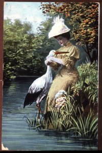 Cigogne apportant un bébé à une femme, carte postale française, début du 20e siècle - Unbekannter Künstler