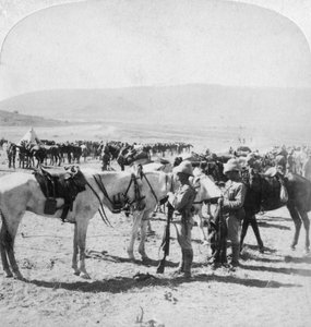 Cavaliers montés australiens après une escarmouche à la rivière Modder, Afrique du Sud, 12 janvier 1900 - Underwood and Underwood