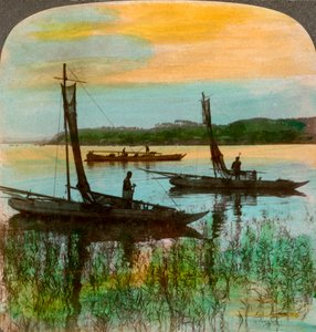 Bateaux de pêche au coucher du soleil près de Yokohama, Japon, 1904 - Underwood and Underwood