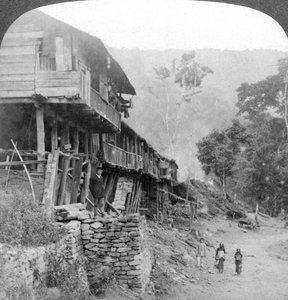 Village indigène, pont de Teesta près de Darjeeling, Inde, 1903