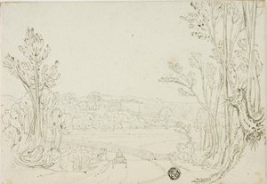 Chariot se dirigeant vers le pont entre les arbres ; Villa au loin