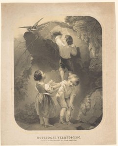 Trois enfants volent des œufs dans un nid d