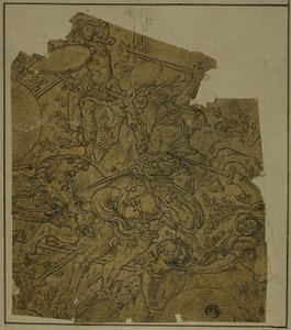 Fragment : Guerriers armés à cheval combattant des fantassins