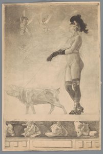 Femme nue aux yeux bandés guidée par un cochon