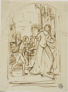 Illustration littéraire : Dame médiévale avec page (recto) ; Esquisses de figures (verso) - Unknown