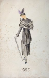 Modèle portant un manteau et un chapeau à plumes, tenant un parapluie
