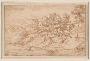 Paysage montagneux avec maisons à gauche et arbres à droite - Unknown