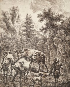 Paysans traversant un ruisseau avec du bétail et un chien
