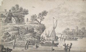 Paysage fluvial avec haute berge à gauche - Unknown