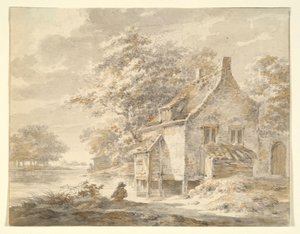 Paysage fluvial avec maison - Unknown