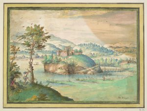Paysage fluvial avec un homme grimpant à un arbre - Unknown