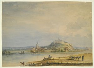 Scène de rivière avec ville, château sur colline et paysans travaillant - Unknown