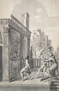 Sujet non identifié (trois figures sur un décor de scène?) - Unknown